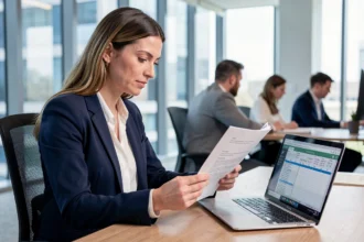 Femme professionnelle comparant des contrats de portage salarial dans un bureau moderne