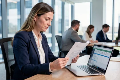 Femme professionnelle comparant des contrats de portage salarial dans un bureau moderne