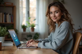Femme connectée à son compte MyPeopleDoc depuis son bureau à domicile en toute sécurité