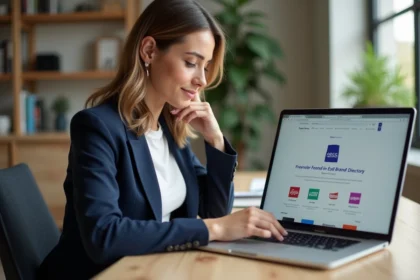 Femme consultant une liste de marques françaises sur un ordinateur portable dans un bureau à domicile moderne