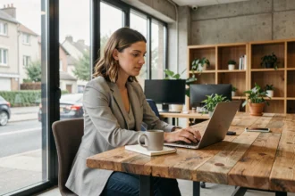 Femme travaillant dans un espace de coworking moderne à Saint-Herblain avec un ordinateur portable et un café