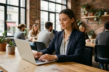 Femme professionnelle travaillant dans un espace de coworking moderne à Saint-Mandé avec bureau en bois et murs en briques apparentes