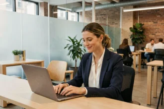 Femme professionnelle travaillant dans un espace de coworking Startway avec bureau partagé et ambiance moderne