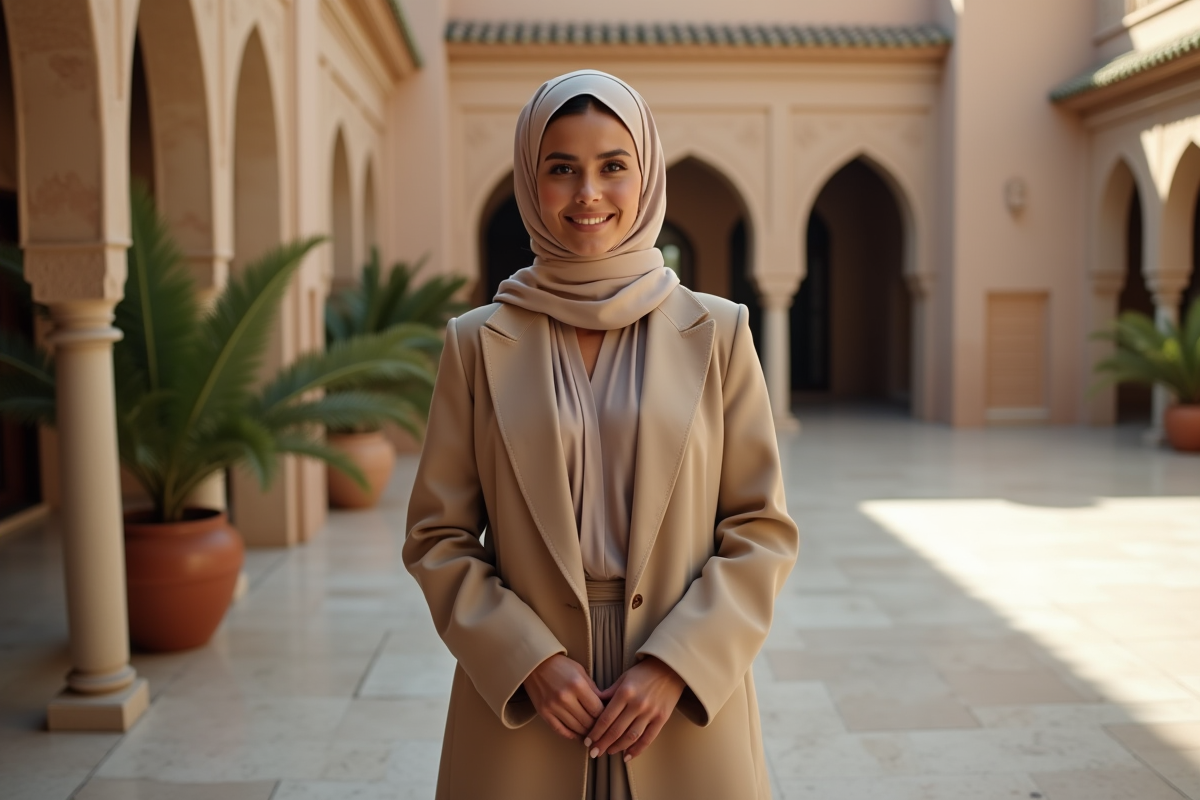 Femme souriante devant un bâtiment mauresque