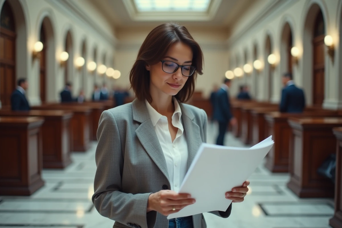 Femme consultant des documents juridiques dans un couloir de tribunal lors d'un litige pour licenciement abusif