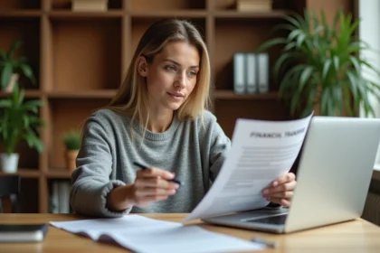 Femme consultant des documents de transfert d'argent international à son bureau à domicile