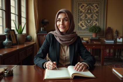 Femme élégante écrivant dans un bureau marocain