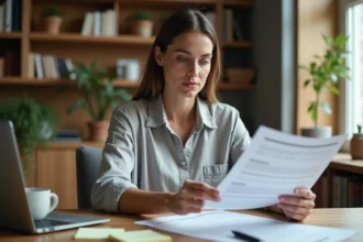 Femme entrepreneur en train d'étudier un business plan à son bureau à domicile, illustrant le désir d'indépendance professionnelle