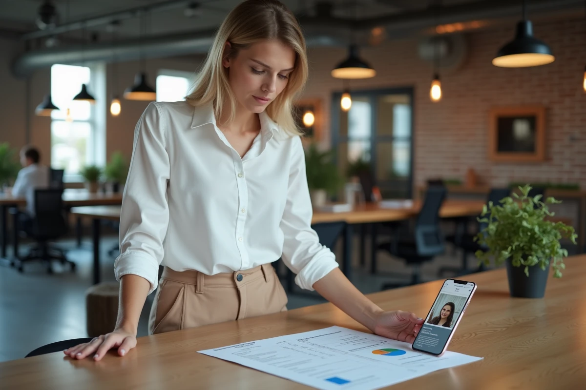 Femme entrepreneur dans un espace de coworking consultant un plan d'affaires et le profil d'un coach business sur mobile