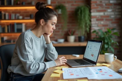 Femme entrepreneur utilisant un tableau de bord de lancement de projet sur ordinateur portable dans un espace de co-working moderne