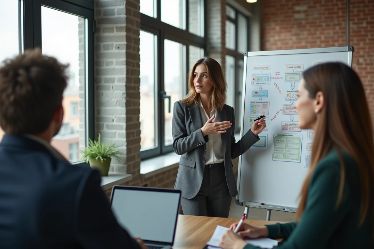 Femme entrepreneure expliquant un plan stratégique