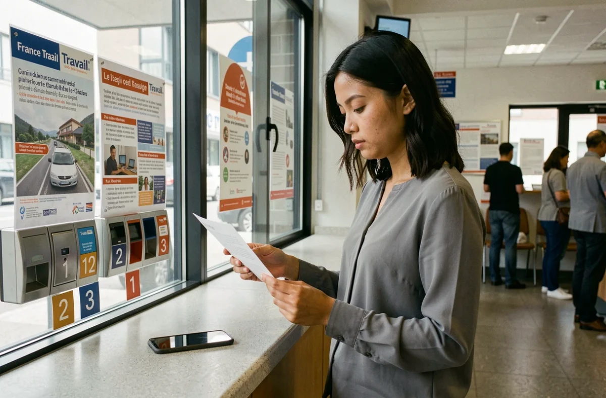 Jeune femme étrangère consultant un formulaire dans une agence France Travail pour préparer son appel au 3949