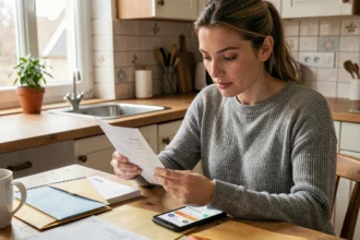 Femme consultant ses reçus de livraison et son smartphone pour gérer son budget au quotidien dans une cuisine française