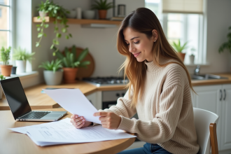 Femme lisant des documents dans une cuisine lumineuse
