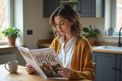 Femme lisant une revue d'actualités dans la cuisine