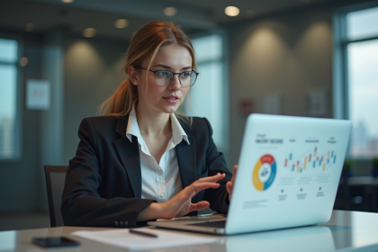 Jeune femme professionnelle analysant une stratégie marketing sur son ordinateur