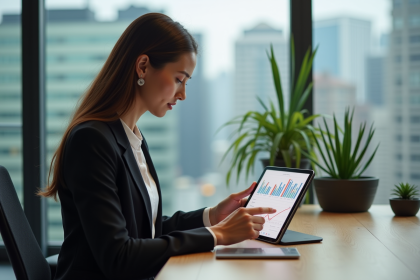 Jeune femme d'affaires analysant des graphiques marketing sur une tablette