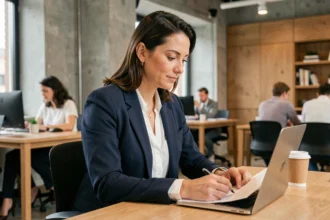 Femme professionnelle en portage salarial travaillant dans un espace de coworking moderne