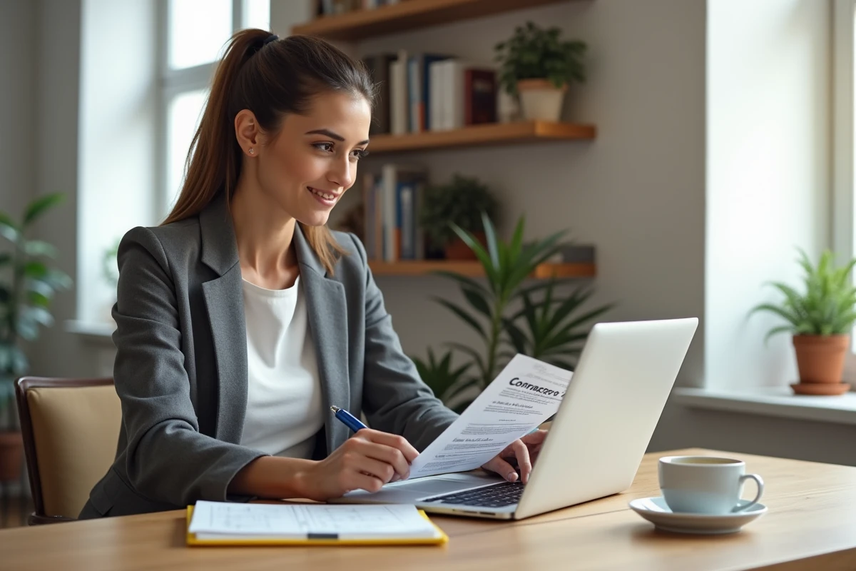 Femme préparant les informations nécessaires pour obtenir un devis gratuit BTP en ligne depuis son bureau à domicile