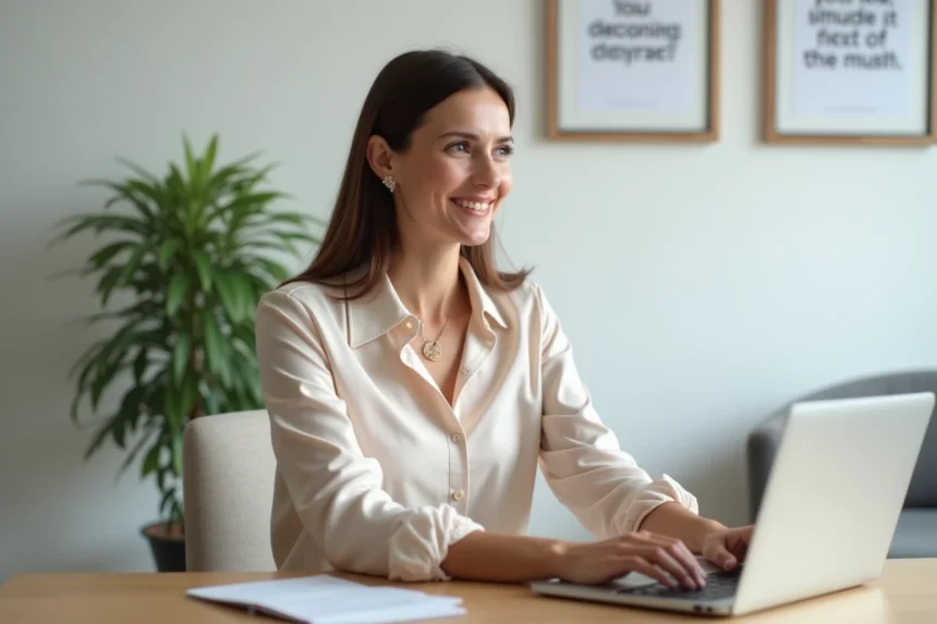 Femme professionnelle assise à son bureau en train de taper
