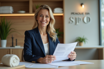 Femme confiante en costume navy dans un spa professionnel
