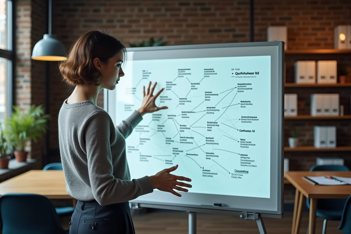 Jeune femme professionnelle pointant un tableau numérique