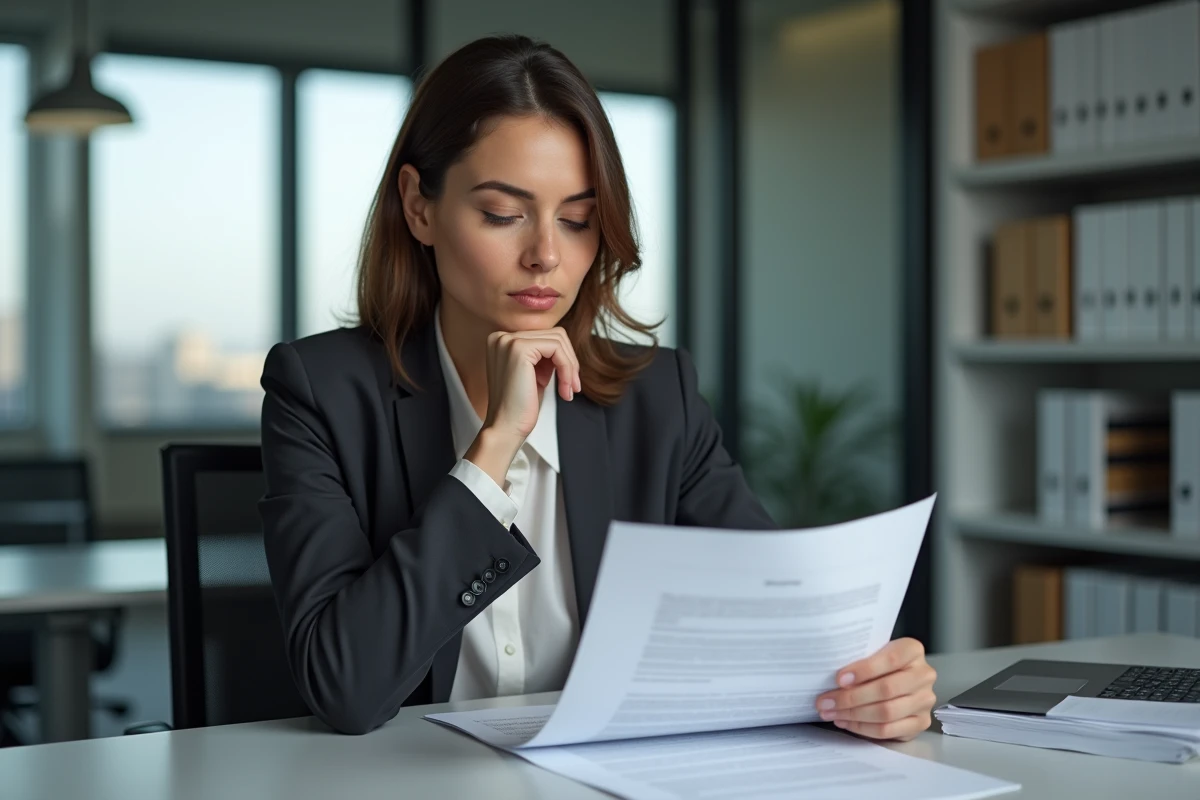 Femme en blazer examine un contrat de travail dans un bureau moderne