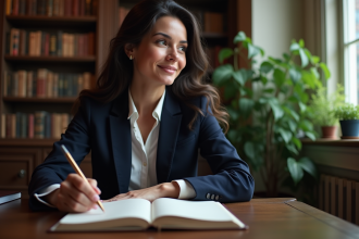 Femme pensante dans un bureau ancien et studieux