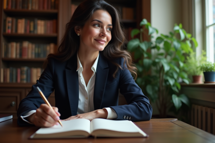 Femme pensante dans un bureau ancien et studieux