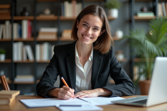 Femme en bureau signant des documents professionnels