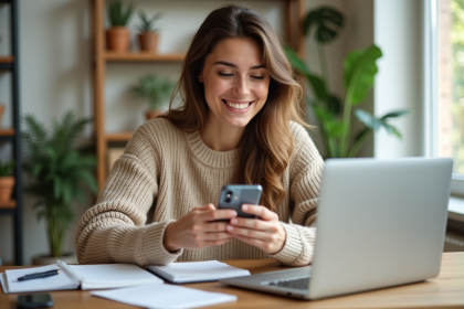 Femme souriante utilisant son smartphone dans un espace de travail lumineux