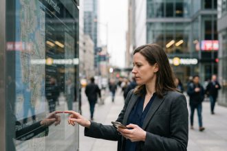 Jeune femme d'affaires utilisant un smartphone dans la ville moderne