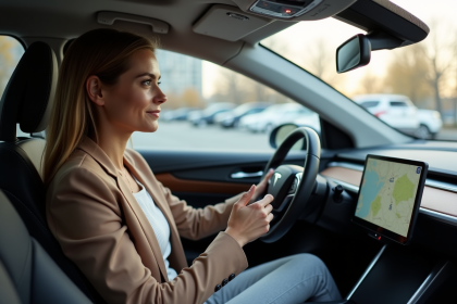 Femme moderne regardant l'écran d'un SUV électrique en intérieur