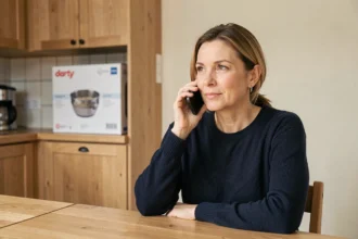 Femme contactant le service consommateur Darty par téléphone depuis sa cuisine moderne