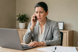 Femme au téléphone contactant l'Urssaf pour un échéancier de cotisations depuis son bureau à domicile