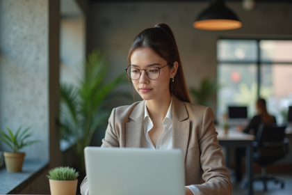 Jeune femme en bureau analysant des données sur un ordinateur