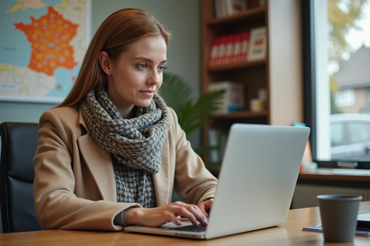 Jeune femme au bureau avec ordinateur et carte régionale