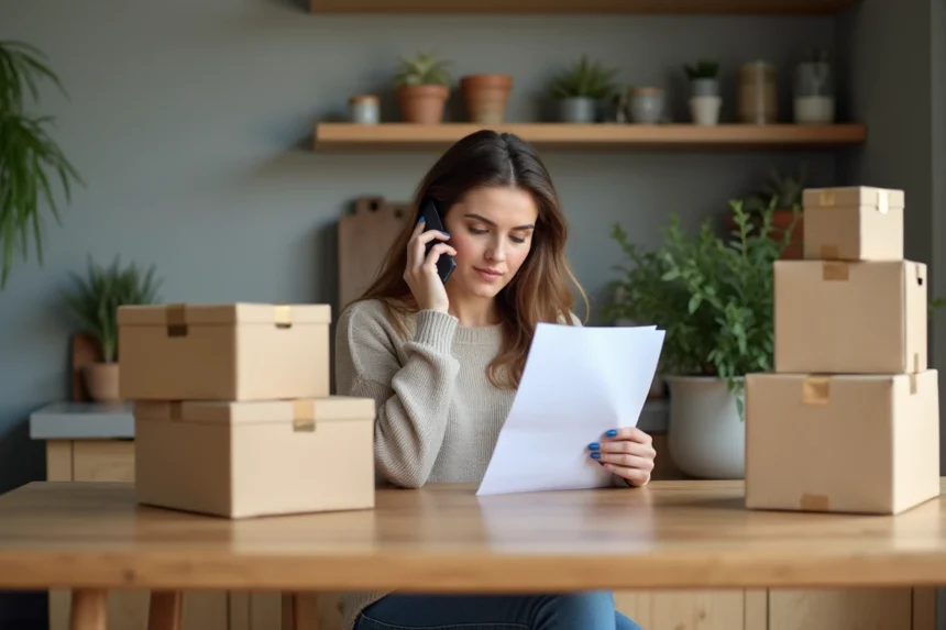 Femme au travail à domicile avec contrat et colis