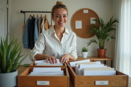 Femme d'âge moyen triant le courrier à l'entrée de la maison