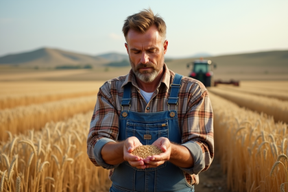Fermeur en champs de blé doré examinant des grains