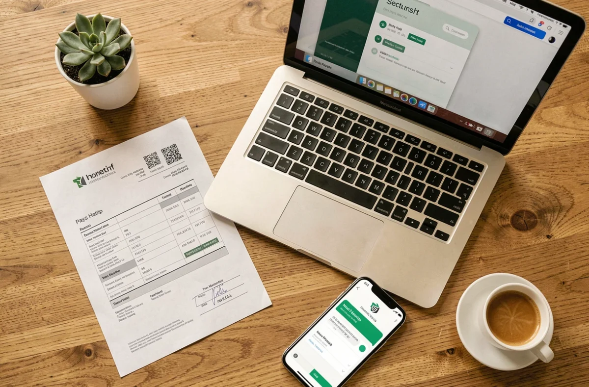 Vue aérienne d'un bureau avec bulletin de paie imprimé, ordinateur portable affichant un portail sécurisé et smartphone connecté à Arkevia
