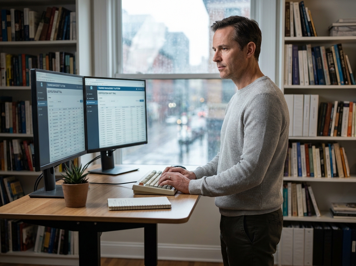 Formateur indépendant travaillant sur un logiciel de formation Qualiopi depuis son bureau à domicile avec double écran