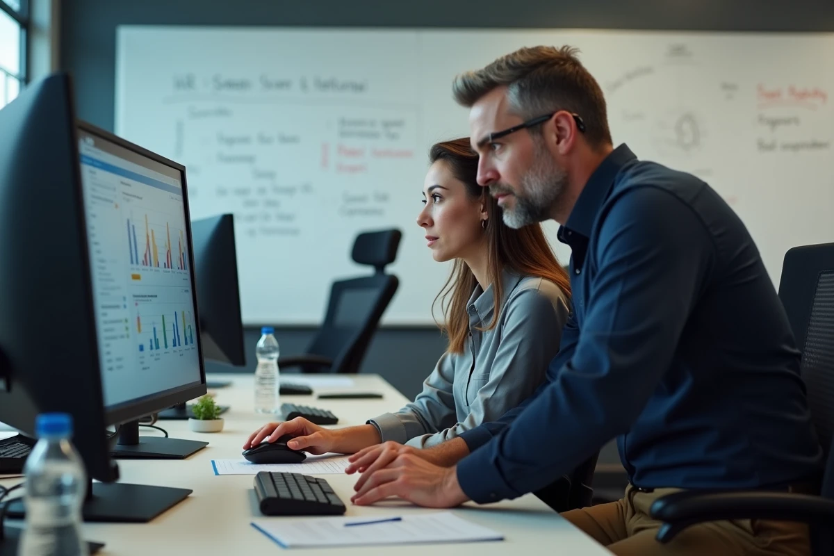 Formateur IT guidant une collègue lors d'une session individuelle de prise en main de DeskRH sur poste informatique en salle de formation