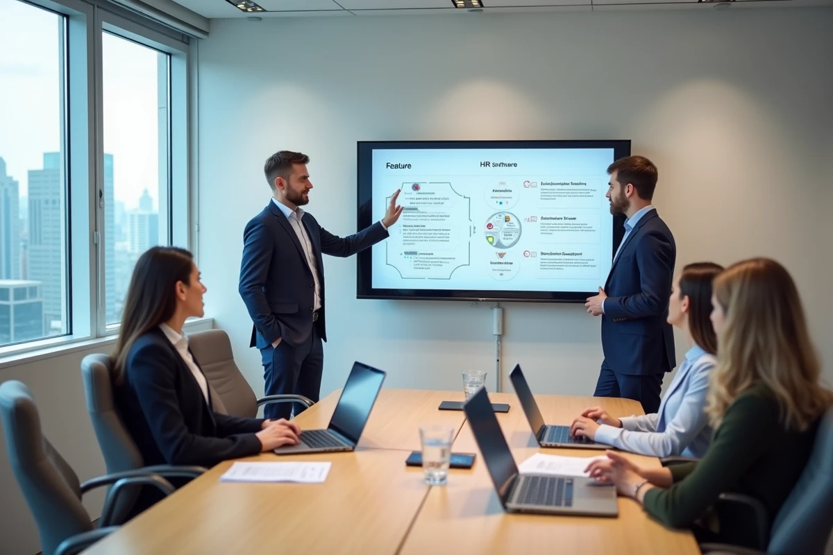 Équipe en réunion de formation collective sur DeskRH dans une salle de conférence moderne, avec présentation projetée sur écran mural