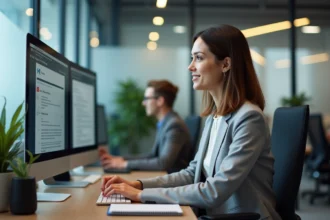 Employée en formation sur le logiciel DeskRH à son bureau en open space, prenant des notes tout en regardant un tutoriel sur son écran d'ordinateur