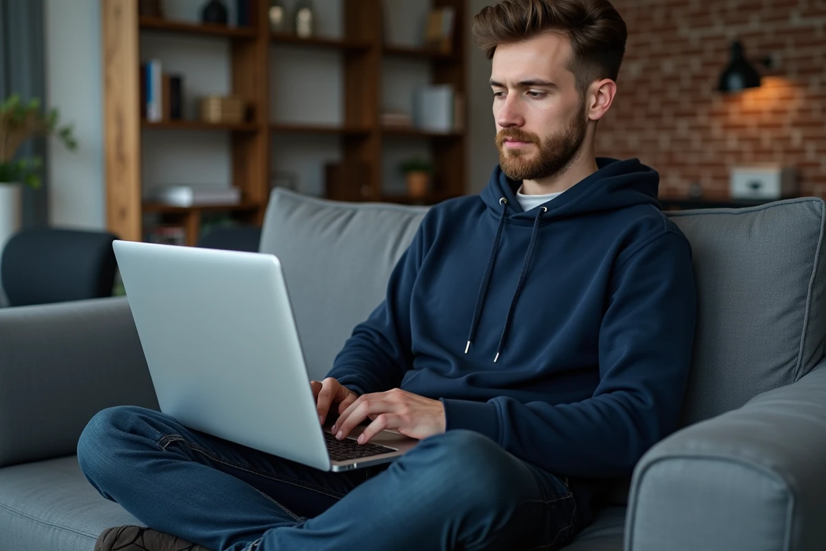 Homme remplissant un formulaire de contact en ligne Backmarket sur son ordinateur portable