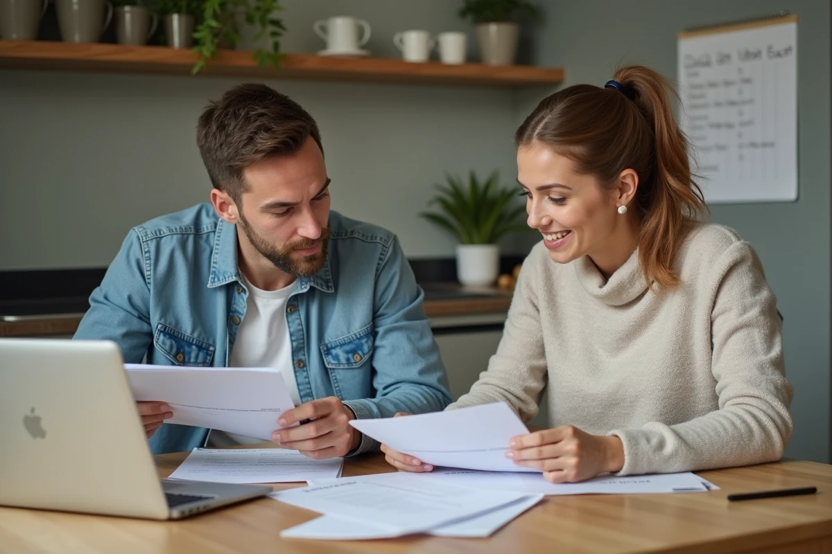 Couple en concubinage remplissant un formulaire de réexpédition de courrier à la cuisine