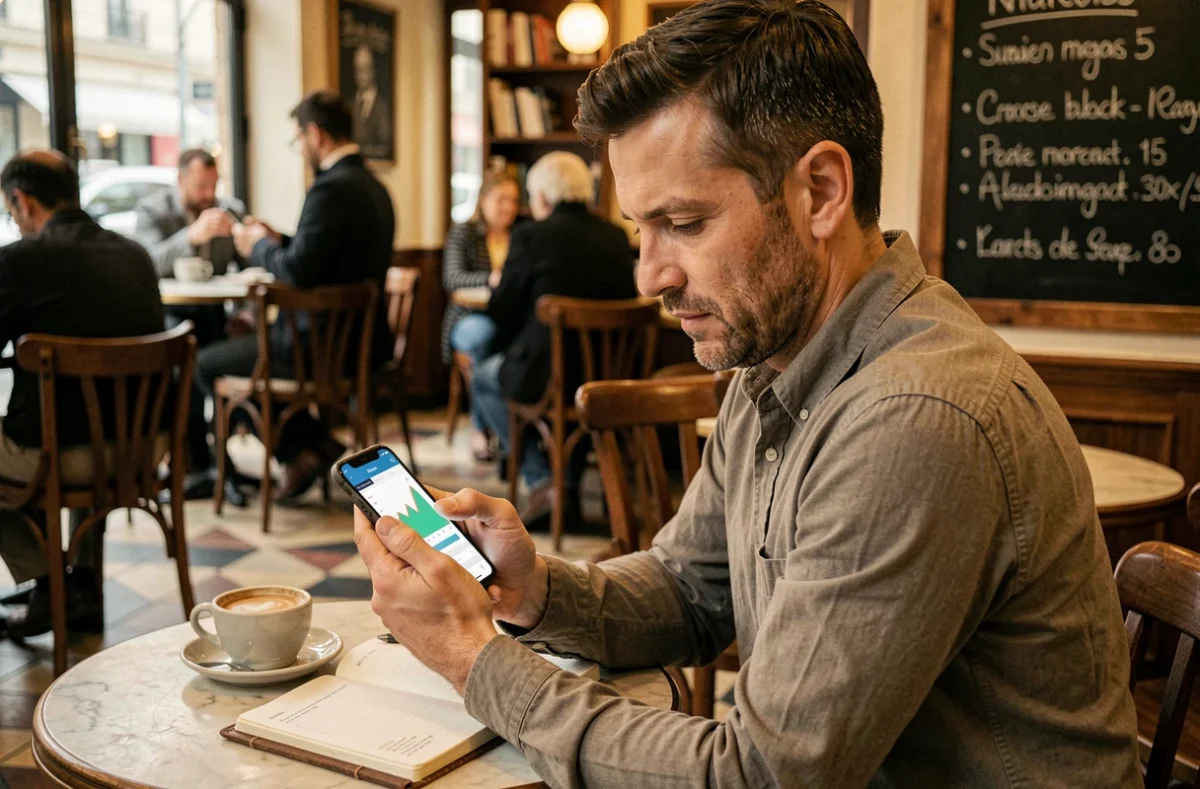 Freelance masculin consultant une application de gestion financière liée au statut auto-entrepreneur et à la Def Acre dans un café parisien