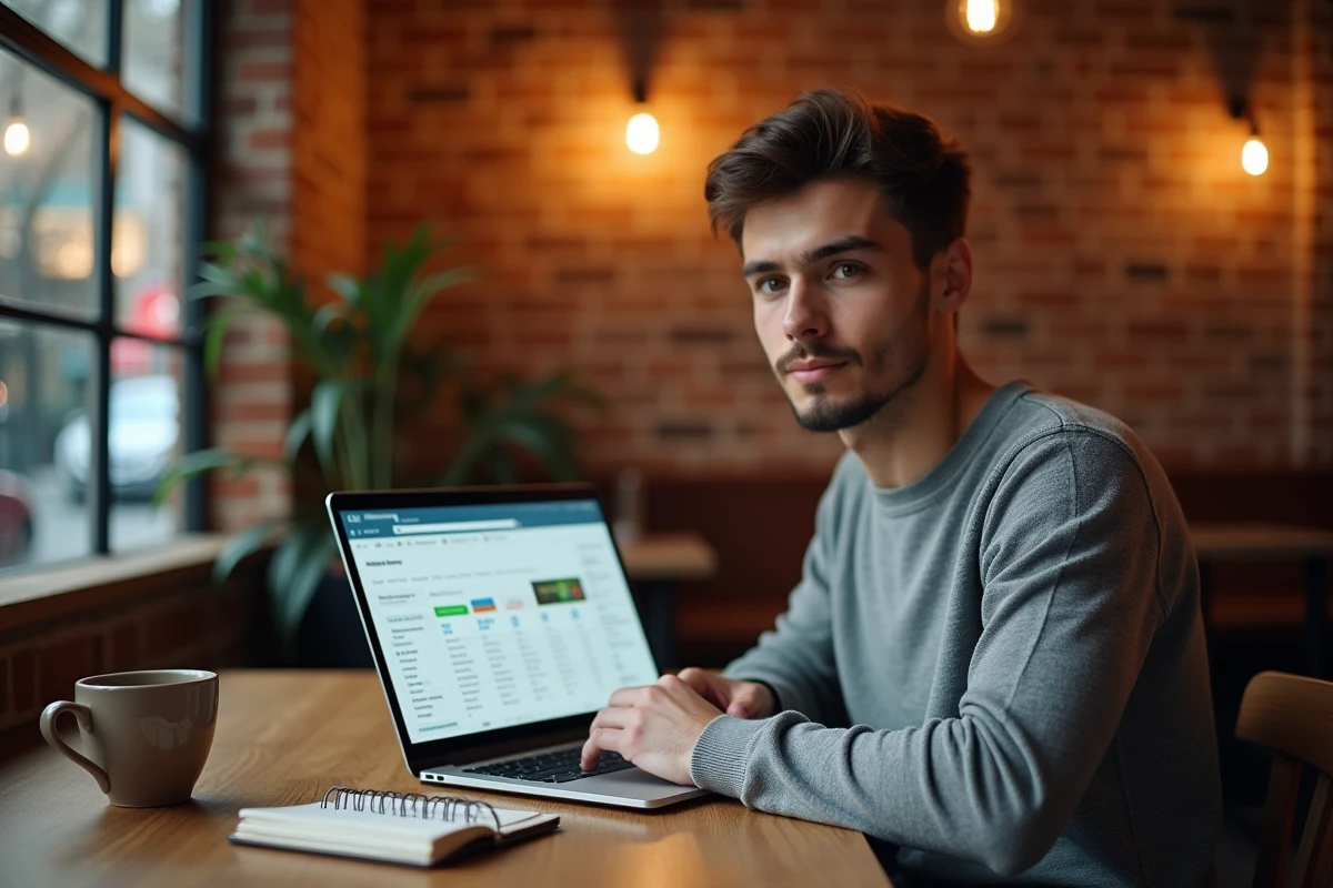 Un jeune freelance gérant des enchères PPC et l'optimisation du ROI sur son ordinateur portable dans un café