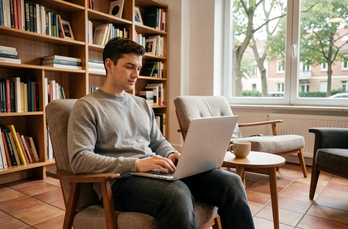 Jeune freelance travaillant dans un espace lounge confortable d'un coworking à Saint-Mandé avec mobilier moderne et sol en tomettes